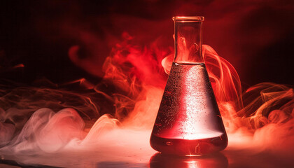 Glass Erlenmeyer flask, transparent test tube with smoke effect. Chemical laboratory.