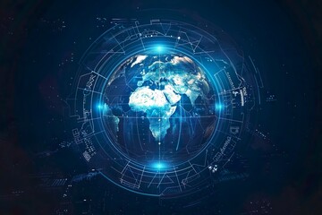 Glowing Holographic Earth Globe on Blue Background - Global Business Technology Concept - World Map