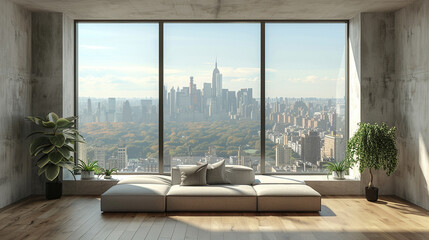 A minimalist living room with a simple, low-profile sofa and a massive window with a city view