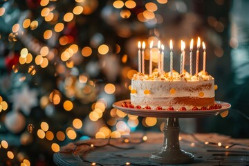 Elegant Birthday Cake with Candles and Fresh Berries on Festive Background
 - Powered by Adobe