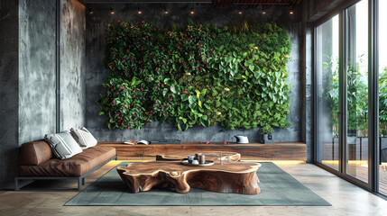 A modern eco-friendly living room with a living green wall and a recycled wood coffee table