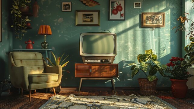 The vintage television Against the backdrop of Retro wallpaper and mid-century furniture.