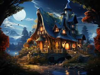 Fototapeta premium Cabin in the Wood, Cartoon Illustration, Generative AI