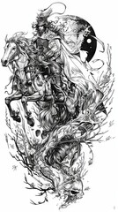 Mythical warrior on horseback in detailed black and white image