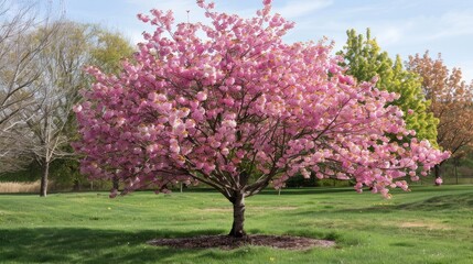 Fototapeta premium Okame Cherry Tree A Beautiful Small Tree with Pink Flowers Blooming in Early Spring