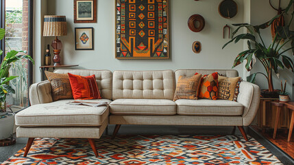 A retro-inspired living room with a vintage-style sectional sofa and a funky patterned rug