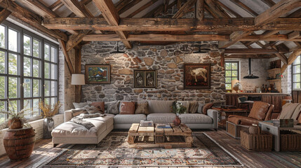 Fototapeta na wymiar A rustic living room with a stone wall and a wooden beam ceiling