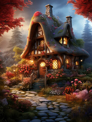 Obraz premium Cabin in the Wood, Cartoon Illustration, Generative AI