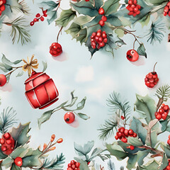 Christmas berries seamless pattern, watercolor illustration, generative ai