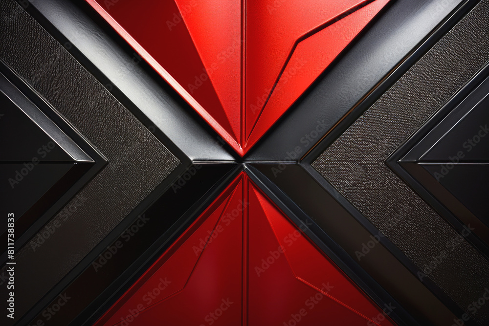 Poster close-up of metal wall in red and black with embossed geometric chevron pattern and intersecting x s