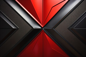 Close-up of metal wall in red and black with embossed geometric chevron pattern and intersecting X stripes