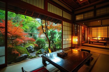Japanese ryokan traditional inn with a tranquil garden view background, AI generated