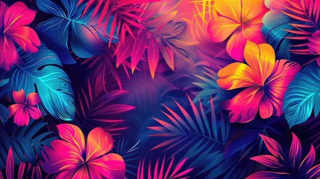 Luminous floral theme featuring vibrant pink and yellow hibiscus flowers against a neon tropical backdrop.
