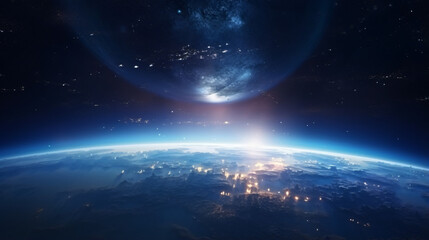 Fototapeta na wymiar Nightly planet Earth in dark outer space. Civilizat