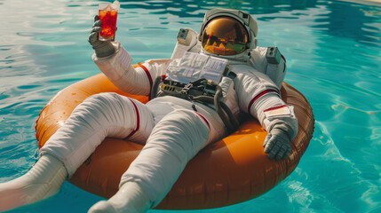 Summer concept, an astronaut relaxing on yellow inflatable raft floating in the sea with a glass of cold drink in hand, happy vacation in summer.