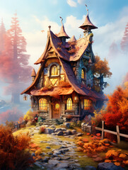 Fototapeta premium Cabin in the Wood, Cartoon Illustration, Generative AI