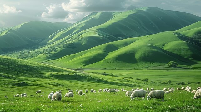 A vast grassland with green hills in the background, sheep grazing on it. Generative AI.