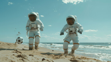 Summer concept, astronauts playing football on the beach, happy vacation in summer.