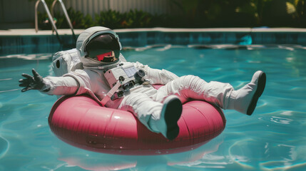 Summer concept, an astronaut relaxing on pink inflatable raft floating in the pool, happy vacation in summer.