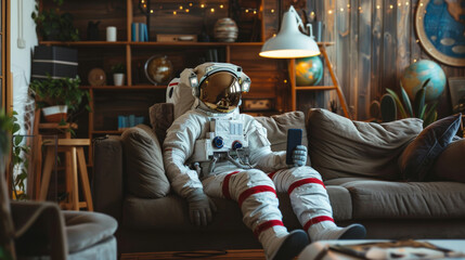 An astronaut using smartphone on a couch in cozy living room. Technology concept,