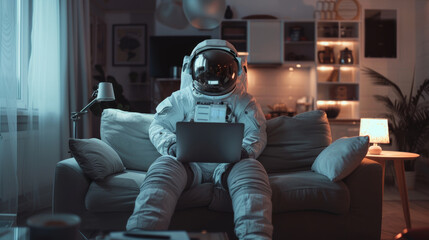 An astronaut using laptop on a couch in cozy living room in evening. Technology concept,