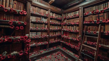 Memorial Day sries poppy-covered books in an old library. - Powered by Adobe