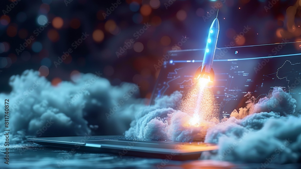 Aufkleber An open laptop with a blue light and a rocket coming out of it, out of its base. Generative AI.