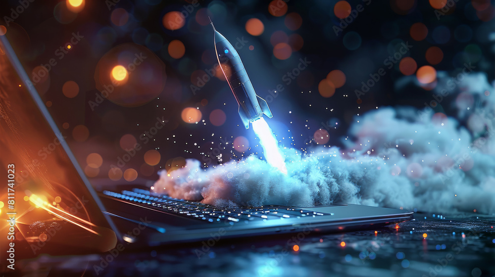 Aufkleber An open laptop with a blue light and a rocket coming out of it, out of its base. Generative AI.