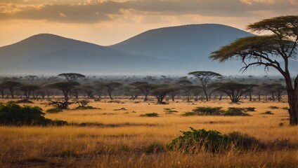 African Wilderness, Savanna with mountain in park.