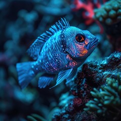 Fototapeta premium Immerse yourself in the enchanting world of a close-up photograph of a colorful tropical fish swimming among vibrant coral reefs