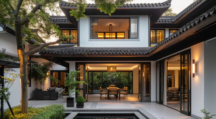 2 story new Chinese style courtyard with white walls and black tiles, featuring a simple and modern...