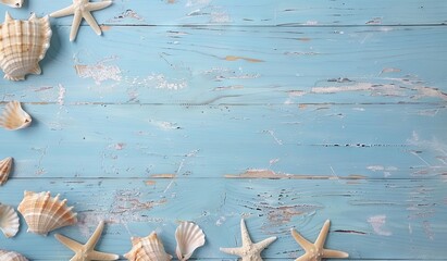 Serene beach background with seashells and starfish on blue wooden surface