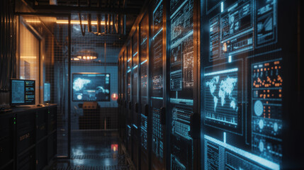 Computers, screens and control panels in a cyber security center