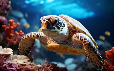 Turtle in tropical sea underwater with coral reef in blue ocean