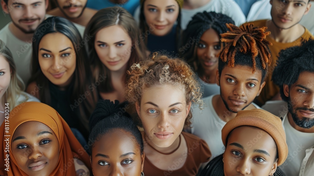 Aufkleber a large multi-ethnic group of people is looking at the camera directly above. generative ai.