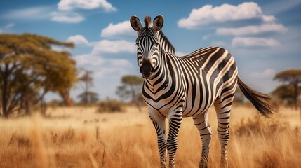 Naklejka premium A zebra stands proudly in the golden savanna, with a backdrop of trees and a bright blue sky. Perfect for wildlife and nature photography.
