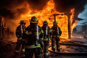 Fototapeta premium A team of firefighters in full gear standing united in front of blazing fire, poised to tackle inferno with determination and expertise