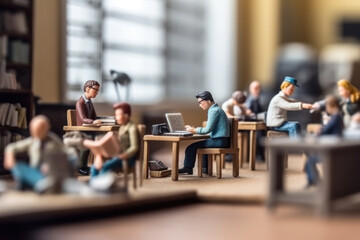 Group of tiny figures at desks in a library setting, appearing focused on reading and studying