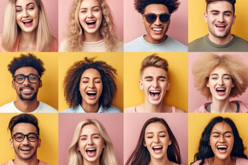A diverse group of individuals displaying a range of facial expressions, including happiness, surprise, anger, and sadness
