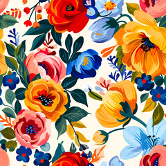 Seamless design. Colorful abstract flowers bouquet on a cream color background.	