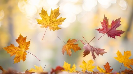 Floating autumn leaves with warm backlighting, perfect for seasonal and nature-related content.