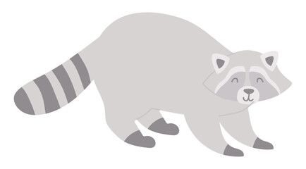 Cute raccoon in flat design. Happy curious pet burglar with striped tail. Vector illustration isolated.