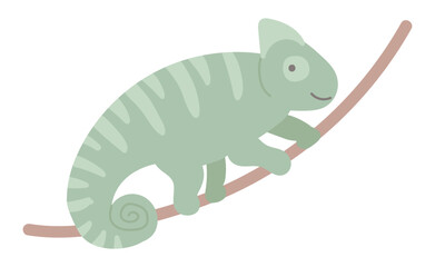 Cute chameleon on branch in flat design. Happy wildlife pet, tropical lizard. Vector illustration isolated.