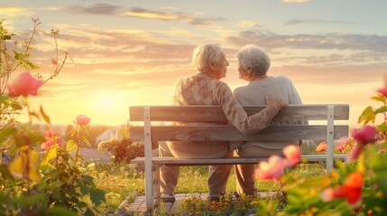 Elderly couple at sunset, perfect for themes of aging, companionship, and nature.