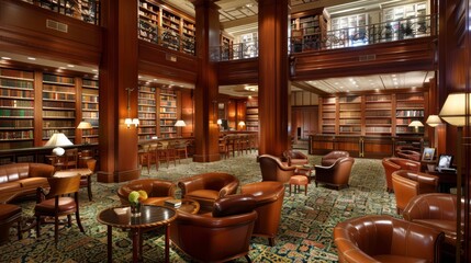 Fototapeta premium Traditional library interior with rich wood paneling and cozy seating, suitable for academic and luxury marketing.