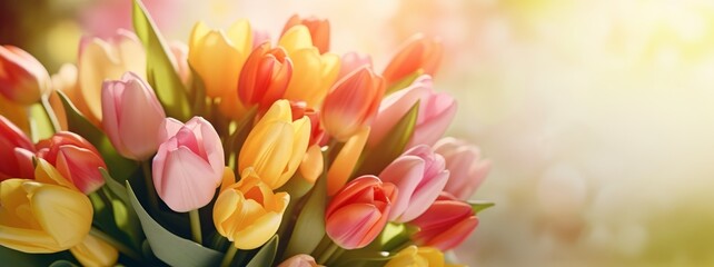 Obraz premium Happy Mother's Day or other spring, celebration holiday greeting card - Closeup of bunch of flowers, bouquet of colorful tulips