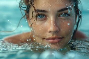 A close-up portrait of a woman half-submerged in clear water with droplets on her face and intense look