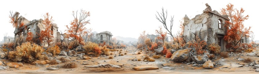 A desolate landscape with a few buildings in the distance