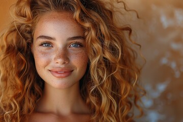 Warm portrait of a smiling woman with curly hair and freckles exuding happiness and confidence