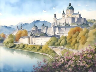 Obraz premium Salzburg Austria Country Landscape Illustration Art 